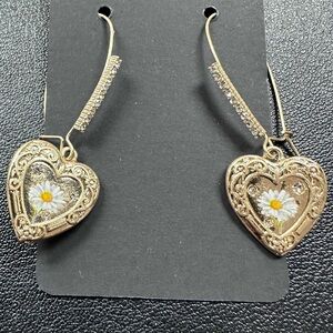 84- Betsey Johnson Heart-Shaped Gold Earrings with Daisy Design with rhinestones